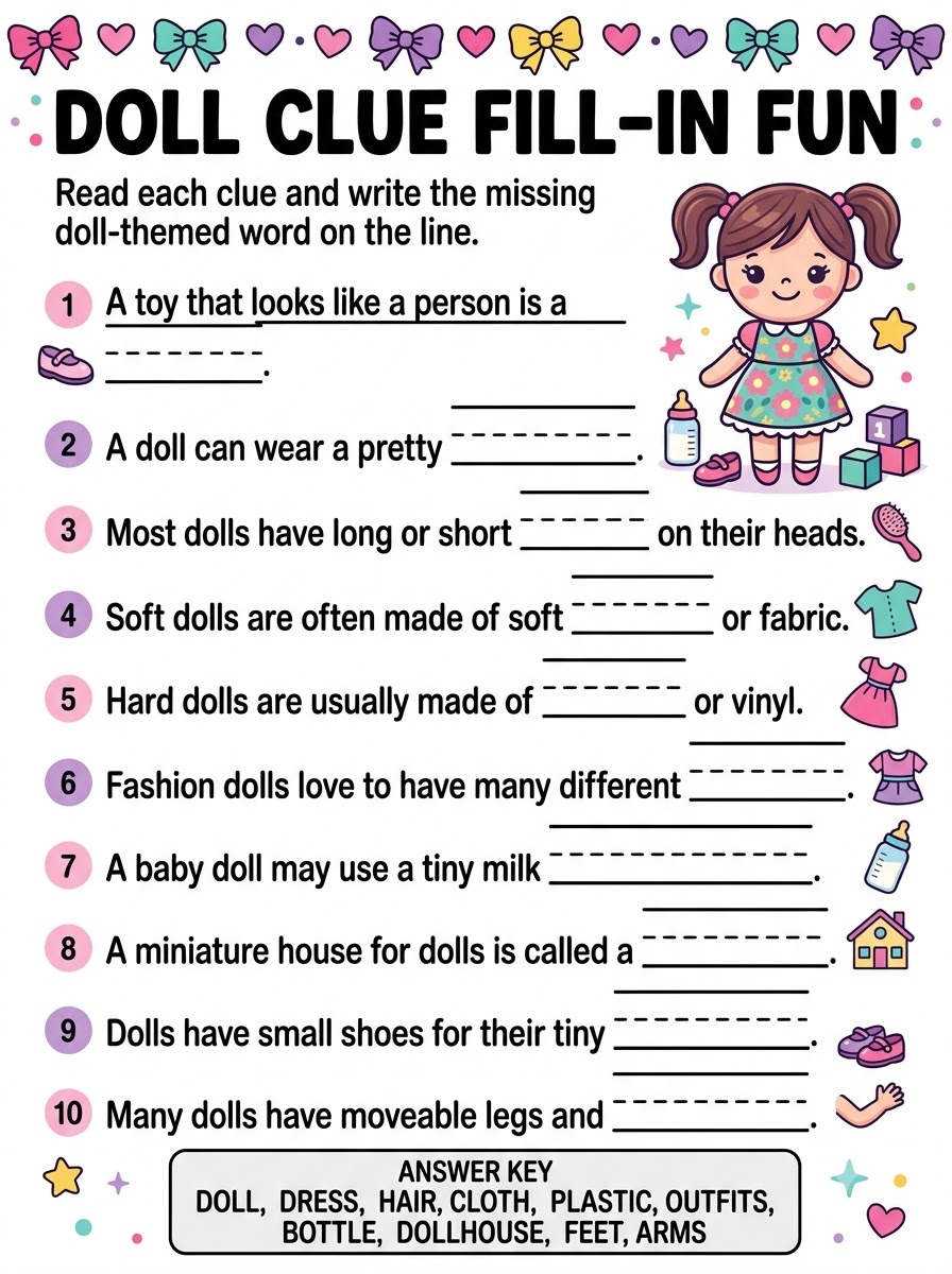 Doll Clue Fill-In Fun — fill in the blank worksheet with illustrated clues and doll character